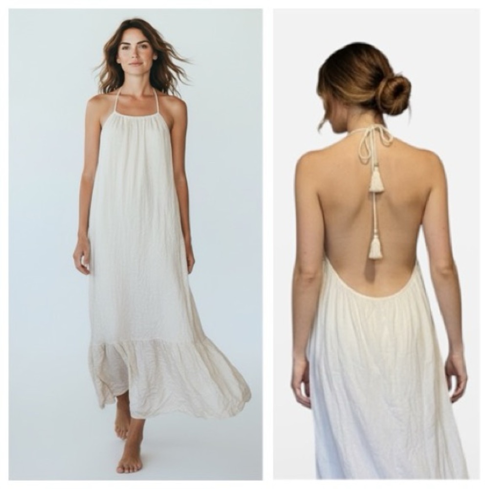 New Terzo Millennio Women’s Cream 100% linen Halter Maxi Dress with Open Back